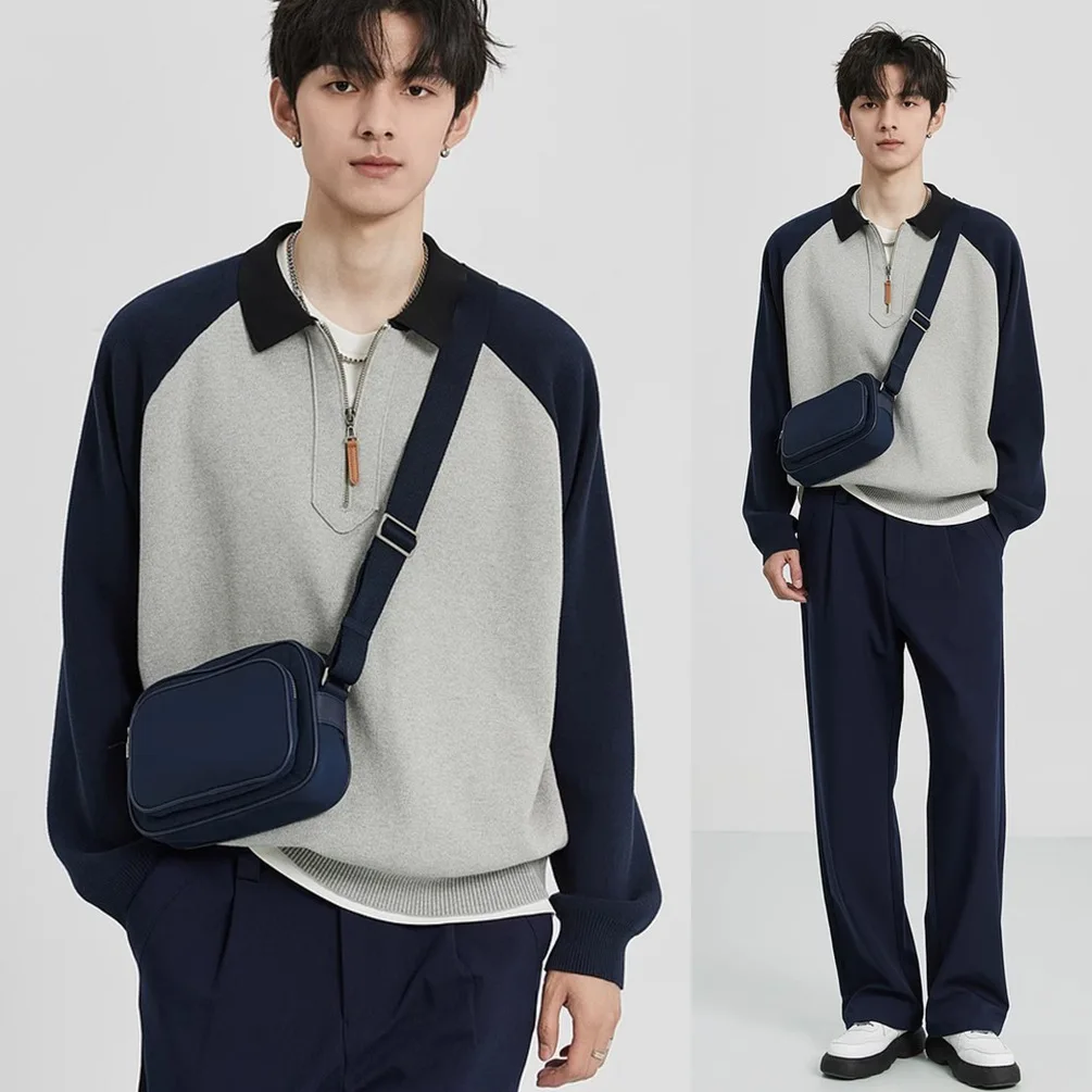Autumn Winter Color-Block Half-Zip Lapel Polo Sweater Men Korean Business Casual Knit Outerwear