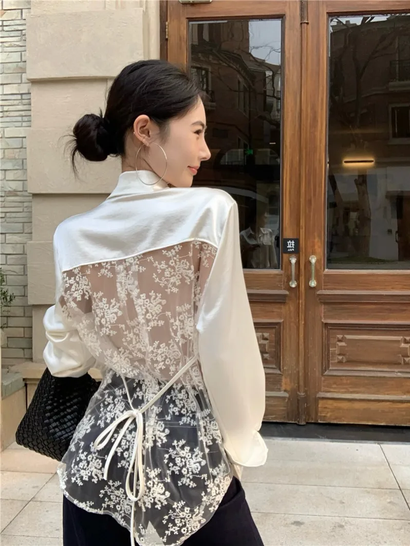 

Женская летняя свободная блузка с кружевными вставками и длинным рукавом, защита от солнца, в стиле Гонконг, с воротником