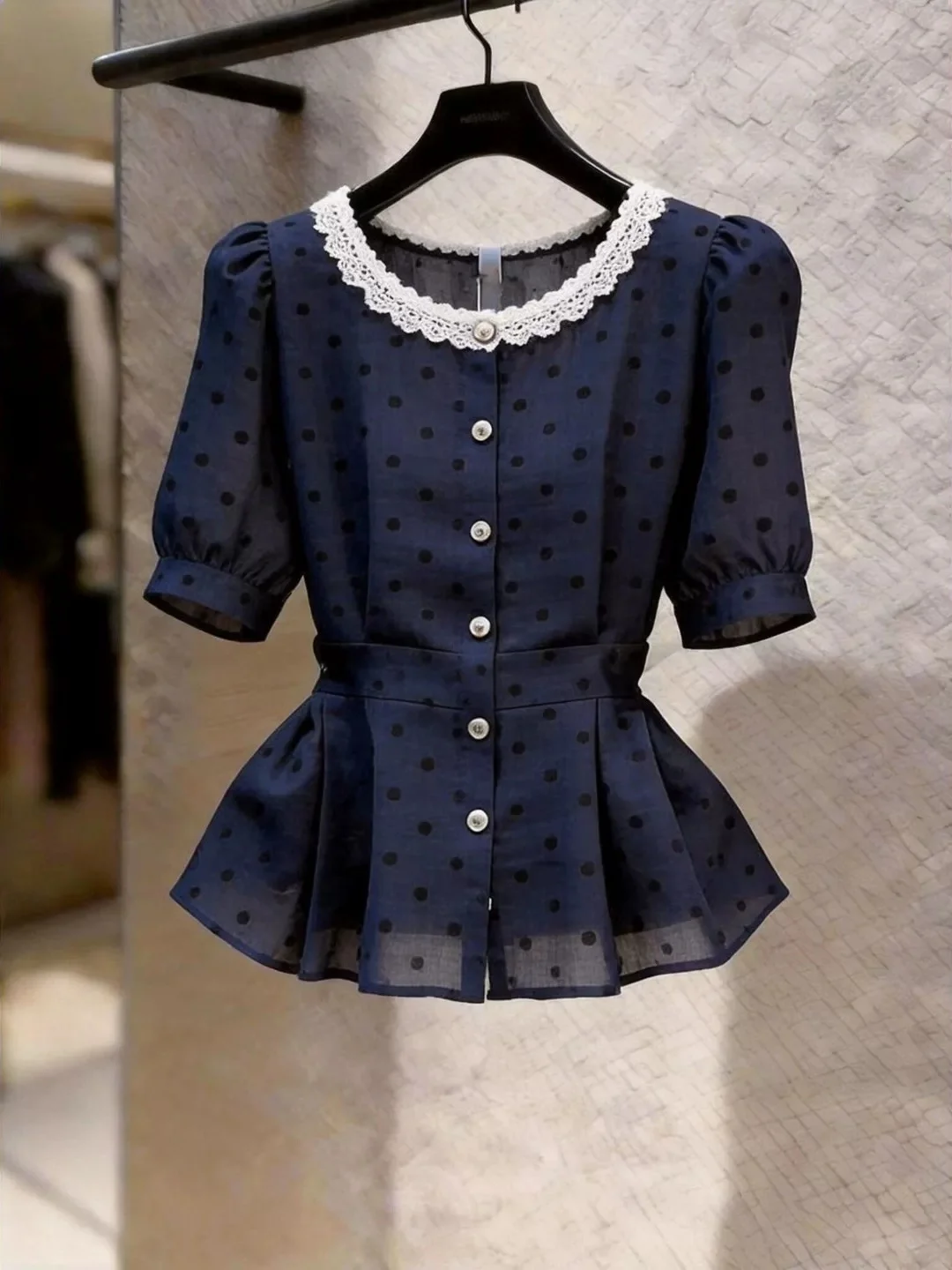 Summer New Polka Dot Lace Trim round Neck Design Sensation Shirt Women's Waist Cinch Short Sleeve Top Korean Style Commute