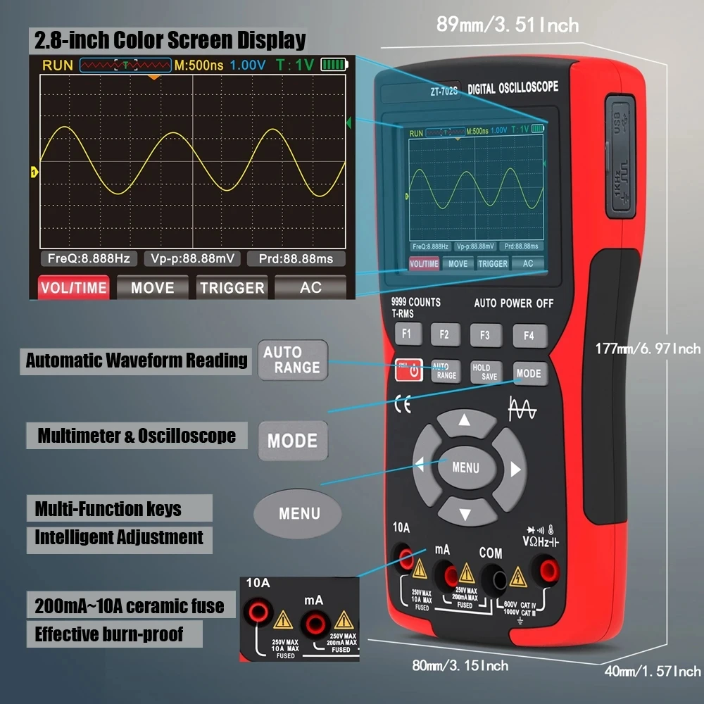 BSIDE 9999 Counts Oscilloscope Multimeter 400V 48M/S 10MHZ PC Waveform Data Storage Oscilloscope Sampling Rate Electronic Test