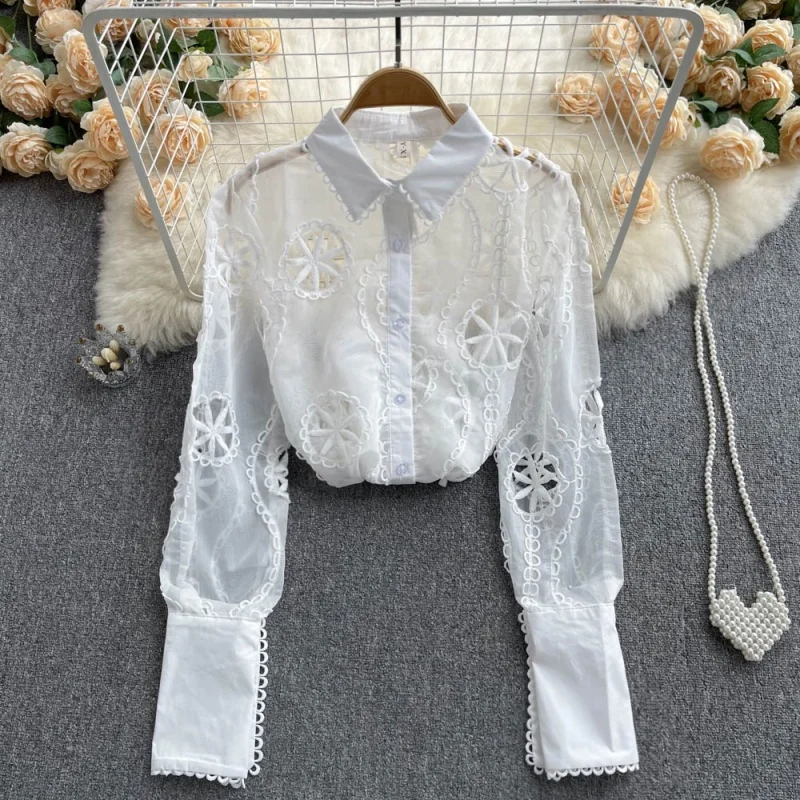 Fashion Vintage Embroidery Hollow Out Sexy Long Sleeve Women Shirt Casual Loose White Tops See Through Blouses