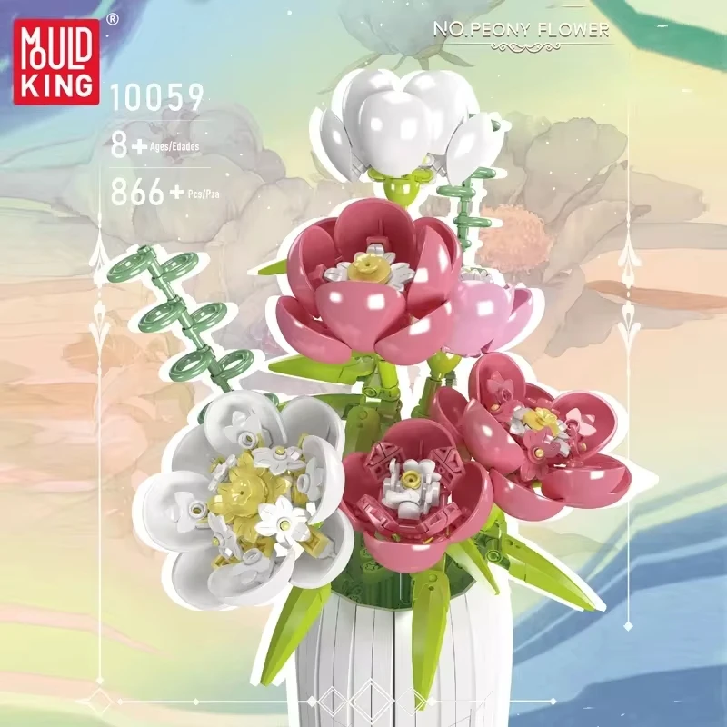 Mould King 10059 MOC Flower Bouquet Building Block The Chinese Peony with Vase Model Assembly Decoration Toy Kids Christmas Gift