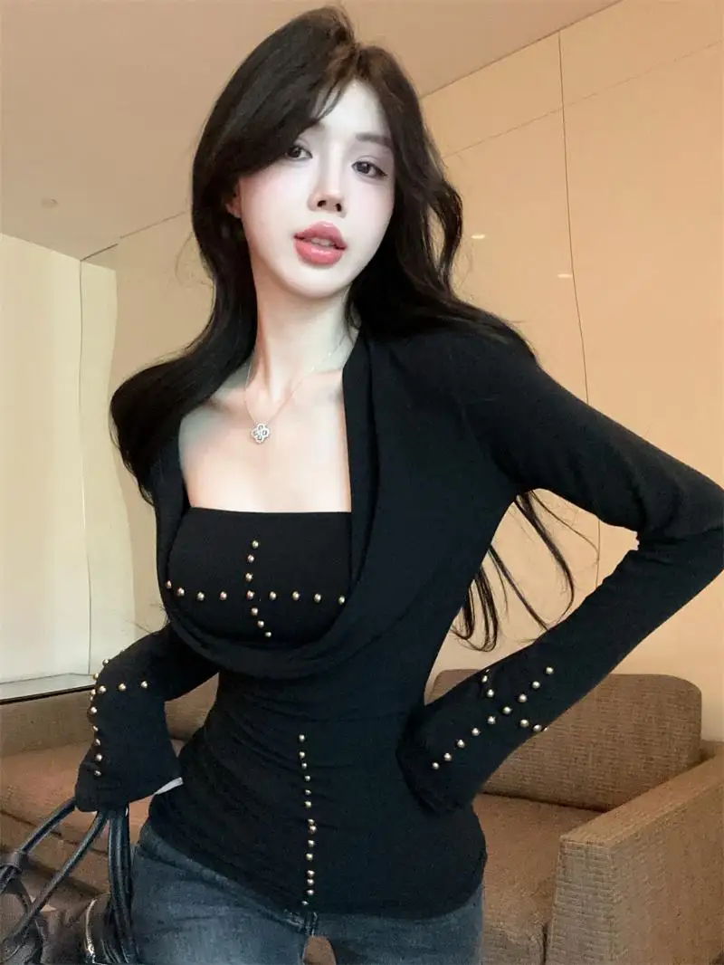 

Bla Y2K Sweet Cool Sle Rivet Cross Long Sve Slim Fit Base irt Women Early Spring Spicy Two Piece Set Korean Sle Kn...