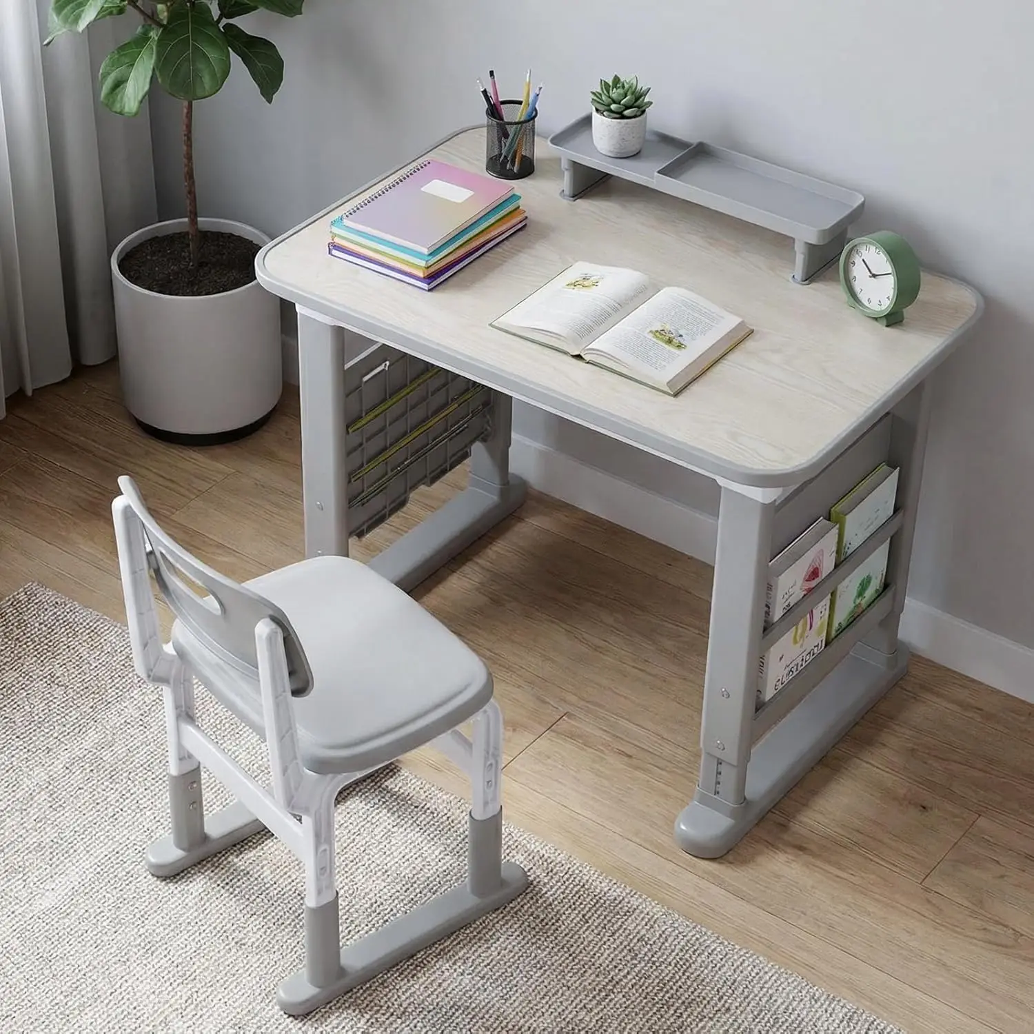 Kinderbureau met stoelenset voor kinderen van 3-12 jaar, in hoogte verstelbaar, met zijboekenplank en opbergruimte voor kinderkamers en thuiskantoren