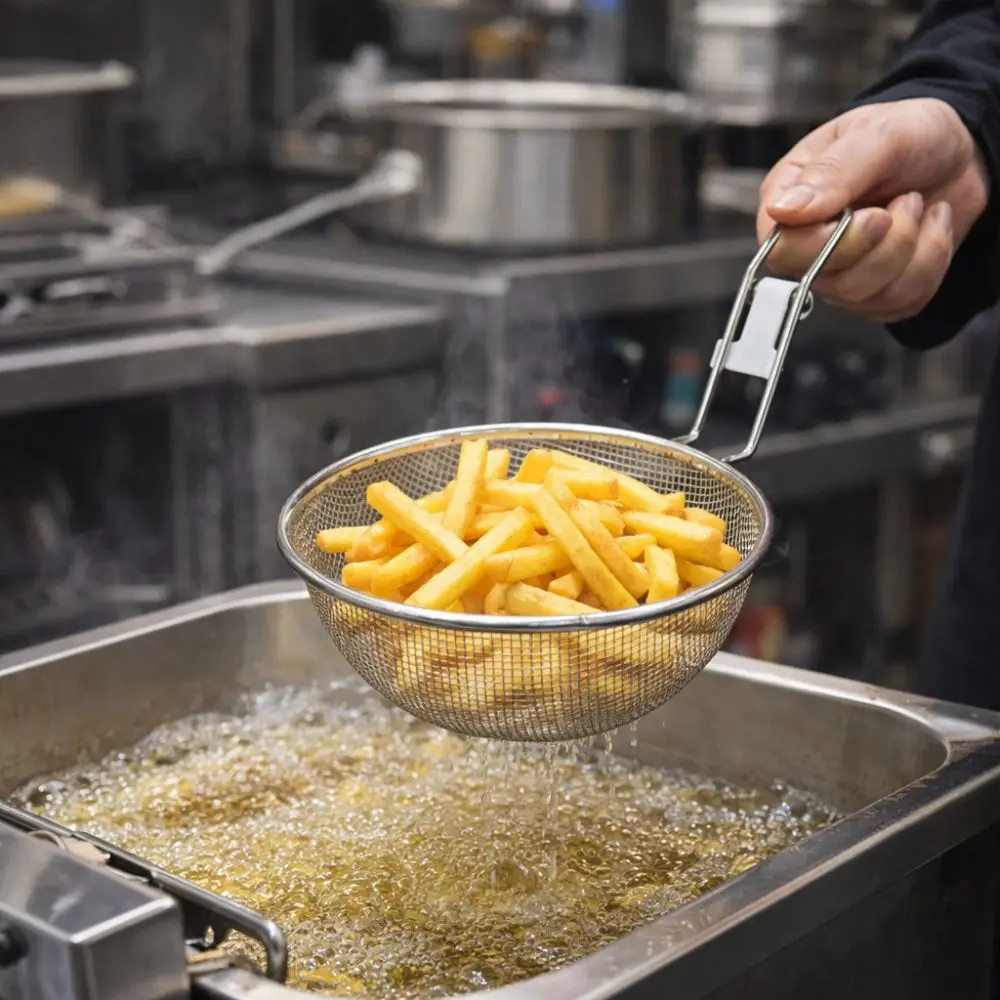 

Stainless Steel Mesh Strainer Spoon Multi-Purpose Long Handle Hot Pot Strainer With Hook Wall-mounted Cooking Surface Strainer