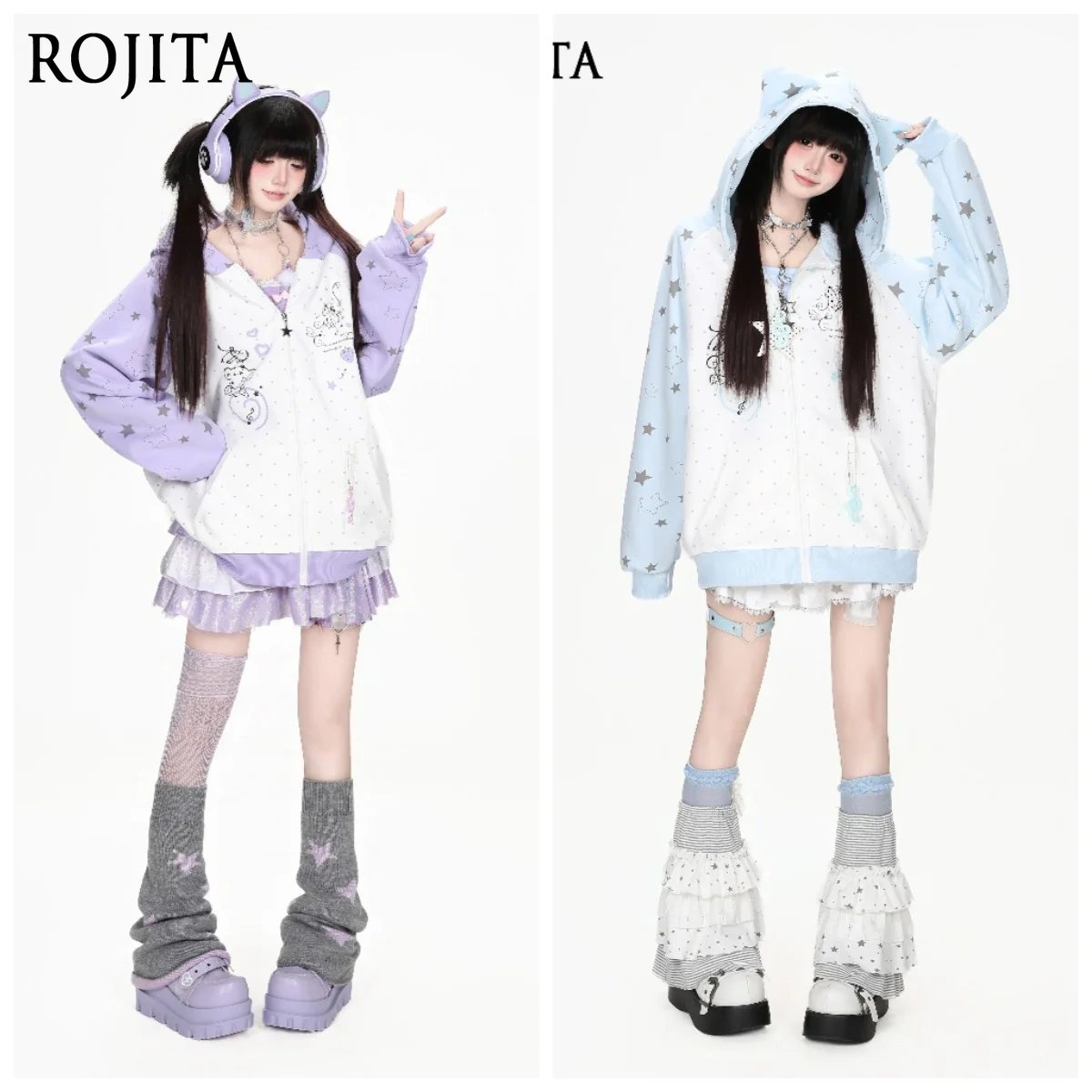 Y2K Sweet Blue White Star Pattern Hoodie With Cat Ears Ladies Oversized Music Note Zip Coat