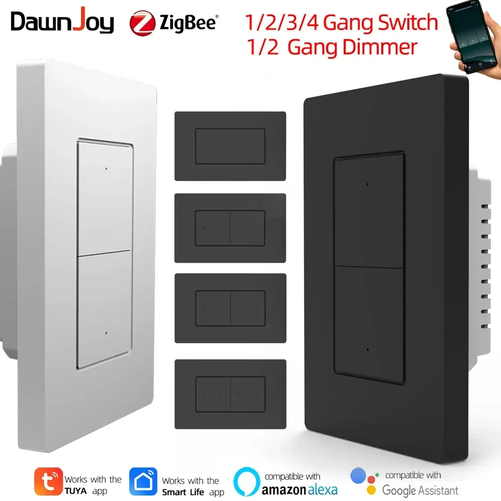 DawnJoy Smart zigbee intelligent switch Neutral US110V-220V plastic push button 1/2/3/4Gang dimmer remote timing voice with tuya
