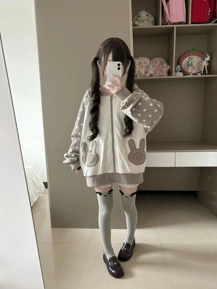 خمر Harajuku الحلو Y2K المشارب آذان أرنب هوديي المرأة فضفاضة طويلة الأكمام القوس سستة معاطف الرجعية عادية أنيقة بلوزات على الموضة