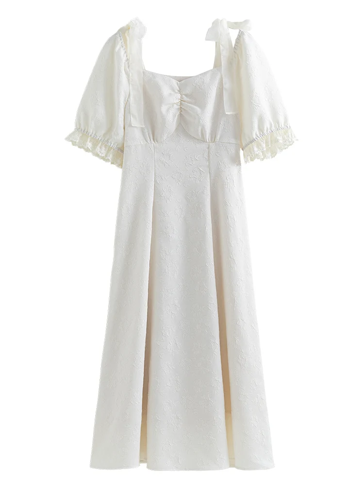 DUSHU French Square Neck Textured Jacquard Fairy Dress Puff Sleeves White Temperament Mid-Length Dress Office Lady Solid