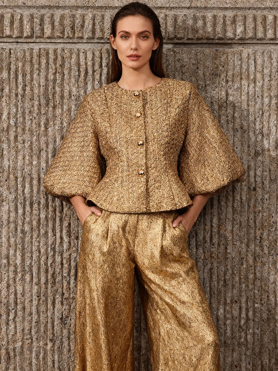 TWOTWINSTYLE Solid Loose Spliced Sequins Temperament Jackets for Women Round Neck Half Sleeves Tunic Fashion Jacket Female New