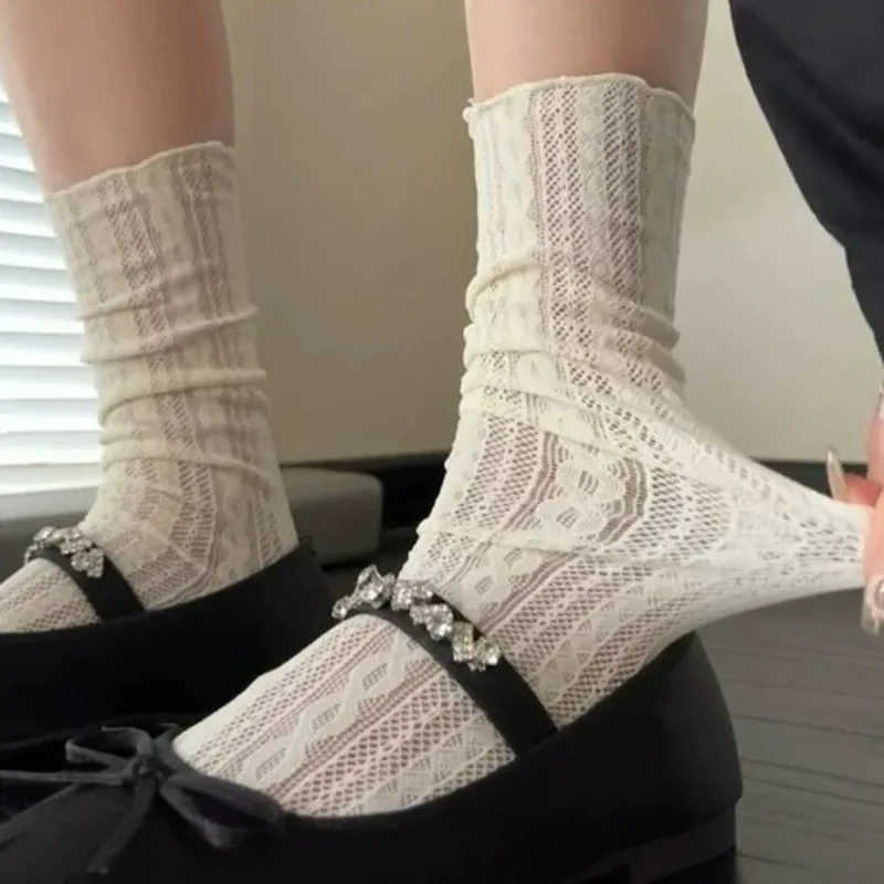 Socks for Women Thin Summer New White Black Hollow Out Loose Socks Women's Casual Basic Sweet Girls Fashion Long Socks Comfort