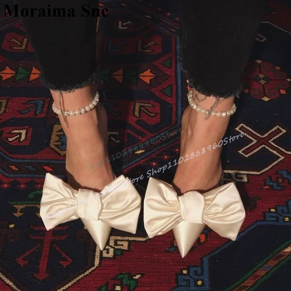 

Elegant White Silk Bowknot Decoration Slippers Thin High Heel Women Shoes Slip On Pointed Toe 2025 Fashion Zapatos Para Mujere