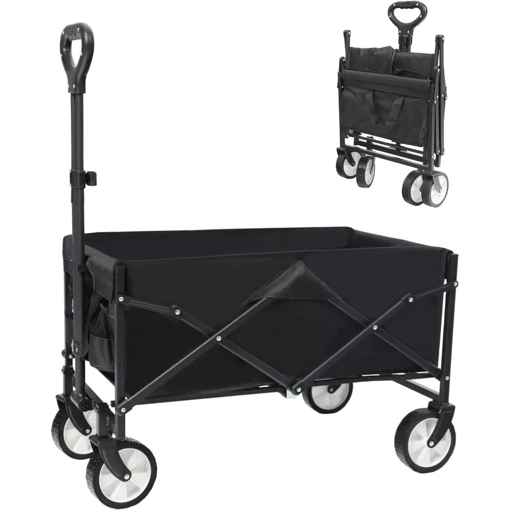 

Collapsible Folding Outdoor Utility Wagon, Beach Wagon Cart with All Terrain Wheels & Drink Holders, Portable Sports Wagon