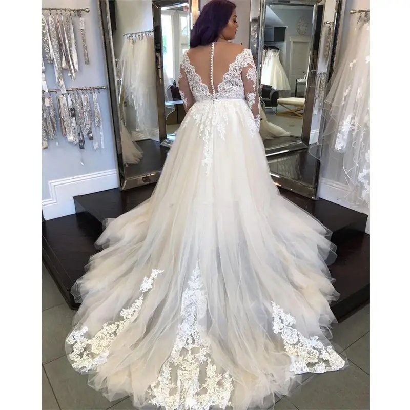 Customized New Design Vestido Noiva Plus Size Wedding Dress Long SleeveTulle Lace Illsion Buttons A-Line Bridal Gowns