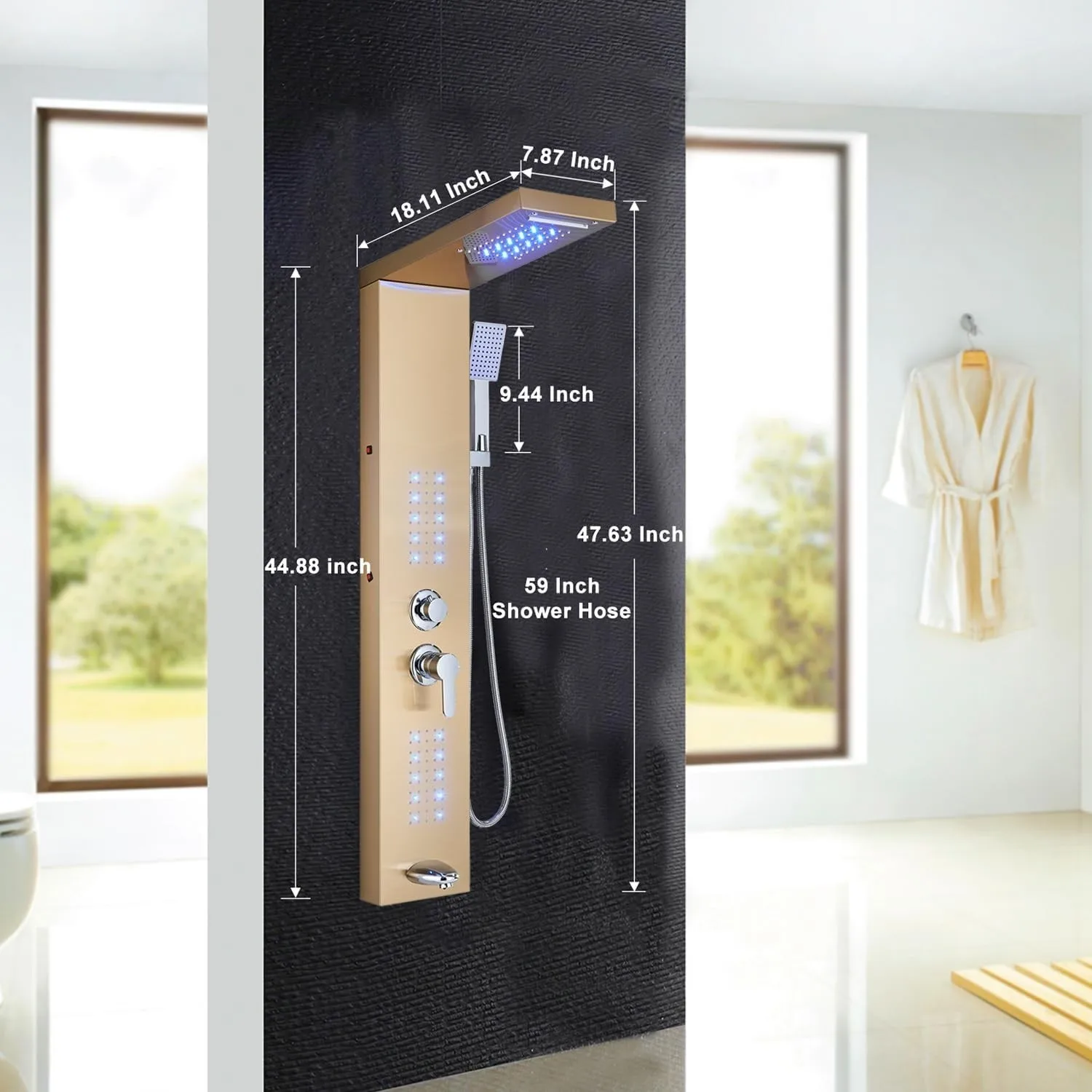 Brushed Gold LED Shower Panel Tower System 5 Mode High Pressure Body Massage Jet