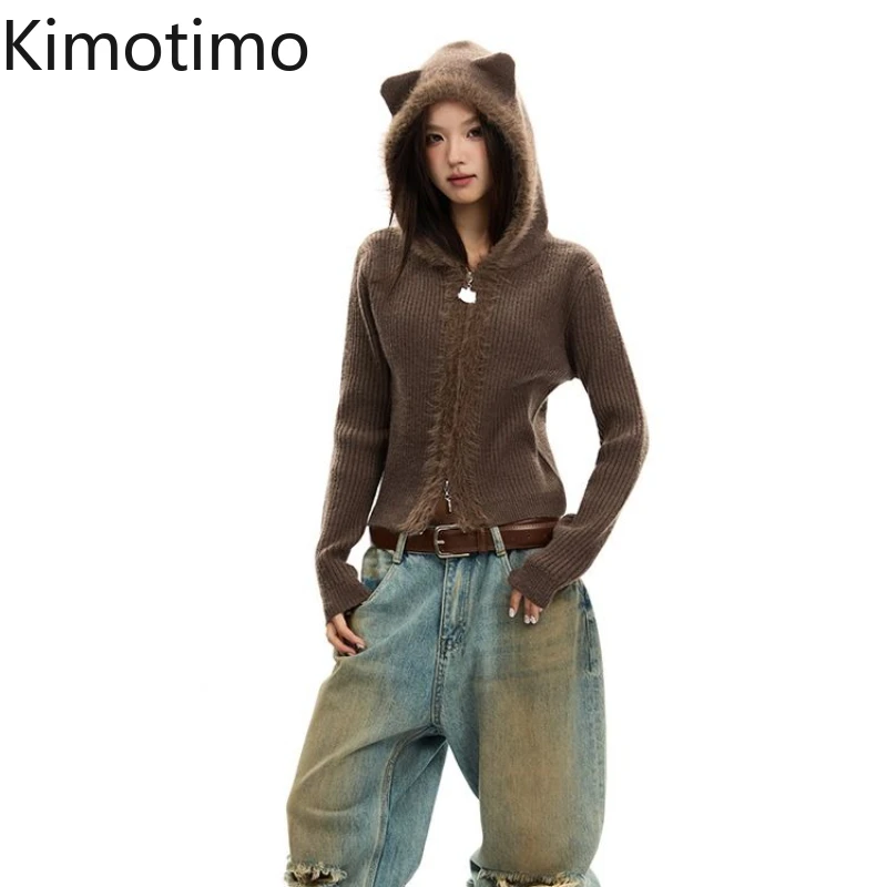 

Kimotimo, винтажный меховой лоскутный вязаный кардиган с капюшоном, женский 2022, осень-зима, однотонный короткий свитер с двойной молнией, пальто Y2k, топы