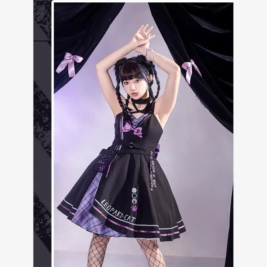 لويتا القط طباعة مجموعة كاملة FS Y2K كوس فستان زي قبالة الكتف مقنعين معطف قصير الربط اللون Jsk الحمالات توتو فستان الصيف