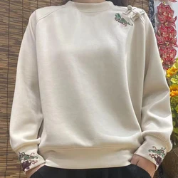 여성용 플러시 두꺼운 자수 후디, 레트로 단추 자수, 중국 민족 풀오버 상의, 가을 겨울 컬렉션, 신상