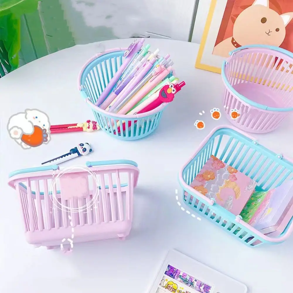 

Round Macaron Plastic Storage Basket Square Reusable Cartoon Cute Little Basket with Handle Folding Handle