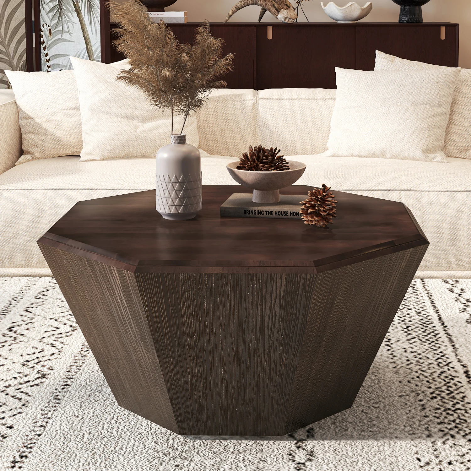 

31.5" Octagonal Black Walnut Rubber Wood Coffee Table - Living Room Bedroom Accent Furniture