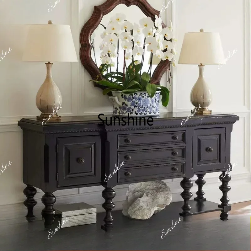 French retro solid wood porch cabinet, post-modern simple villa carved decorative cabinet