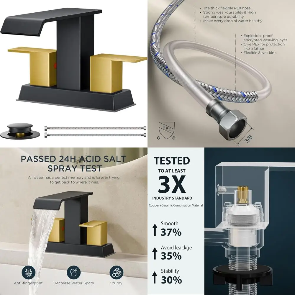 

2-Handle Matte Black & Gold Centerset Bathroom Faucet with Pop-Up Drain for 4 Sinks, Ideal for Vanity Remodel and RV Restroom Up