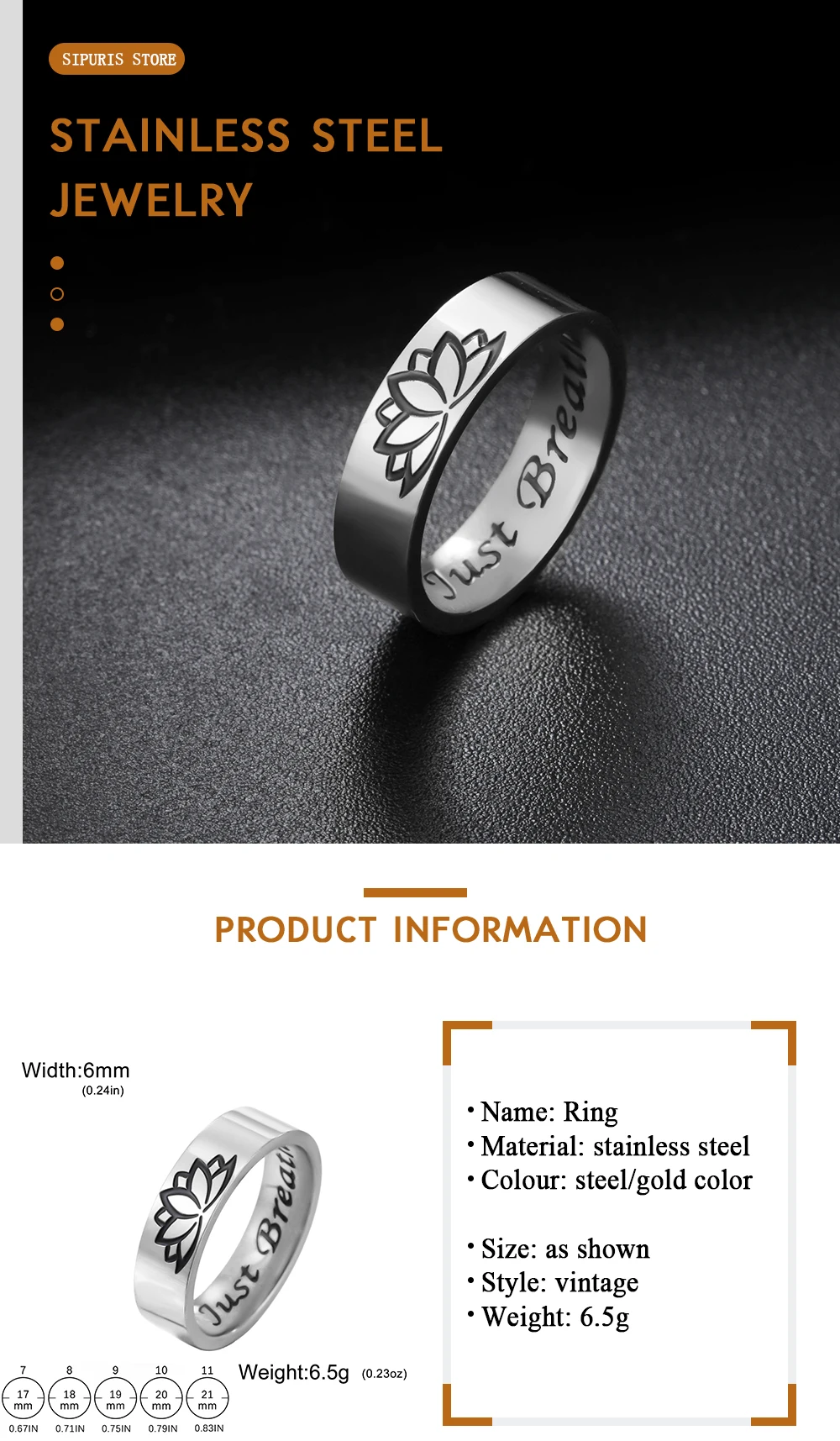 Sipuris 6MM Breite Lotusblumen-Ringe für Damen und Herren aus Edelstahl, „Just Breathe“ Minimalistischer Charme Buddhismus Amulett Ring Schmuck – Detail 5