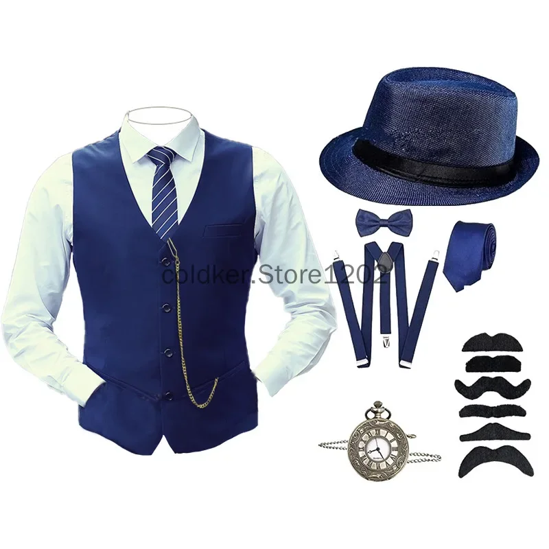 COLDKER 1920s Mens Costume Roaring Costumes Outfit with 20s Gangster Vest Hat Pocket Watch Suspenders Tie 8 Pcs Set