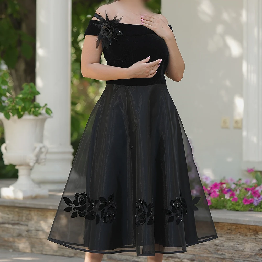 

Customized A-line Evening Dresses Tea-length Off The Shoulder Sleeveless Prom Gown Fashion Flowers Simple Draped Party Gown