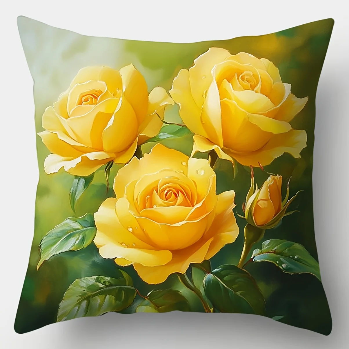 Elegant Floral Decorative Throw Pillow Covers, Yellow Rose Bouquet with Green Leaves Print Cushion Cases, Aesthetic Home Decor