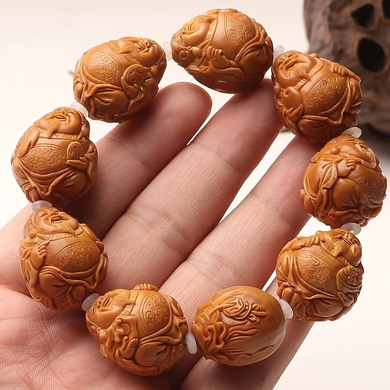 Large pit carving, handmade bracelet featuring the Eight Great Gods of Wealth, old olive wood, auspicious cloud pattern, a