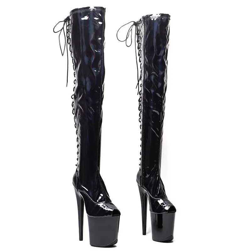 

Black Peep Toes New Fashion Women 20CM/8inches PU Upper Plating Platform Sexy High Heels Thigh High Boots Pole Dance Shoes 524