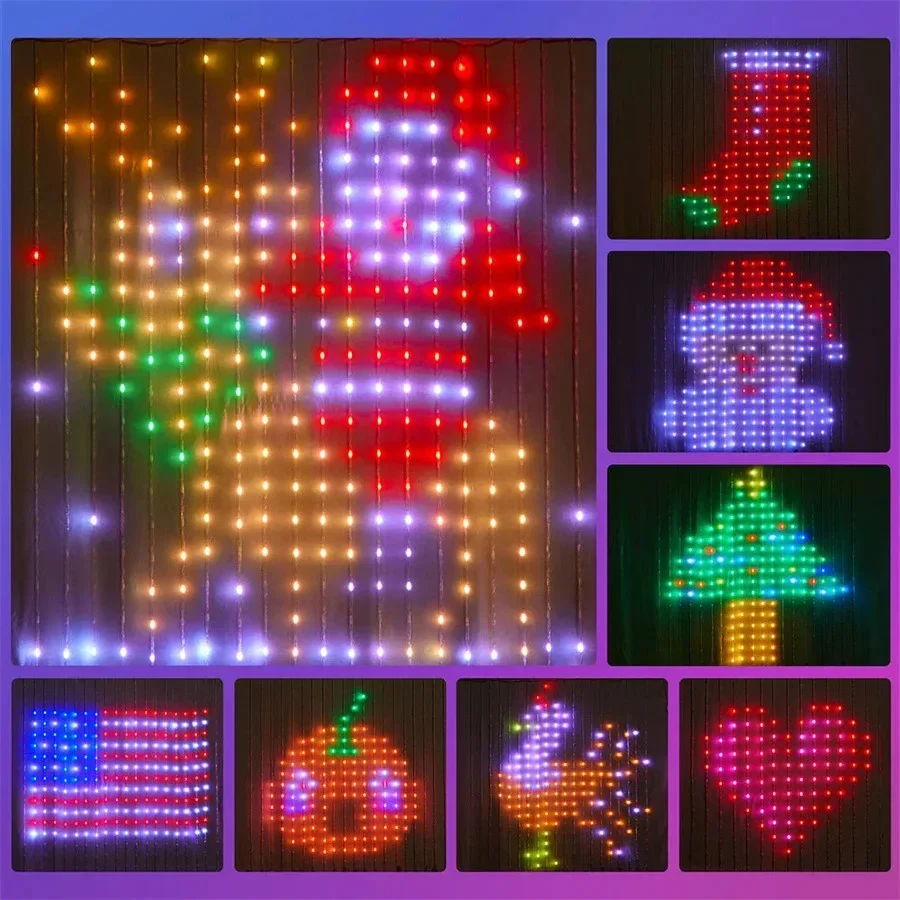 DIY RGB cortinas de hadas de Navidad luces al aire libre Control de aplicación inteligente 3*3M 400LED guirnalda de luces para fiesta boda decoración del hogar