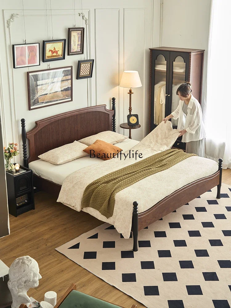 

02 ls 18French retro solid wood medium and ancient style master bedroom bed small apartment household American bed