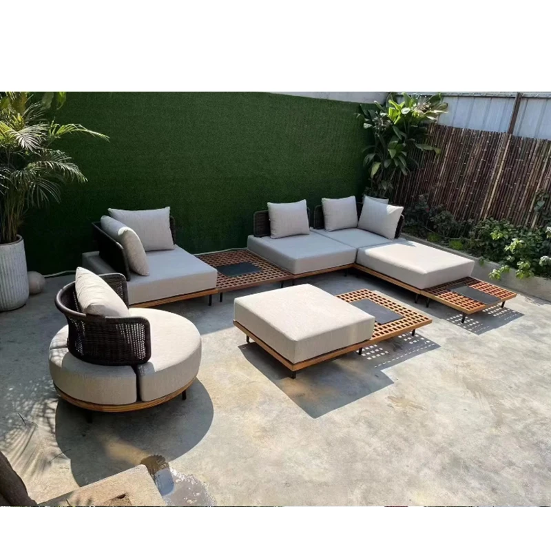 Outdoor Sofa, Wicker Weaving, Courtyard Wicker Chair Combination, Sunscreen and Waterproof, Teak Wood Sofa Furniture