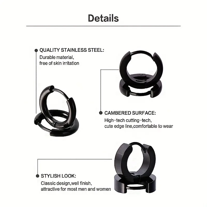 Stylish Men\'s 4-Pair Earring Set - Black Stainless Steel Studs & Hoops, Durable, Versatile & Allergy-Free