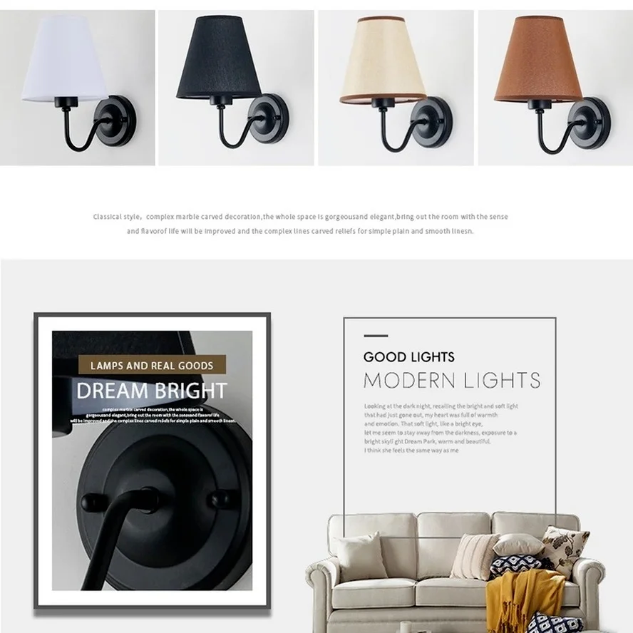 HZZKZZ E27 Retro wall lamp four colors lampshade fabric bedside lamp for bedroom living room decoration lamp 2021 new wall lamp