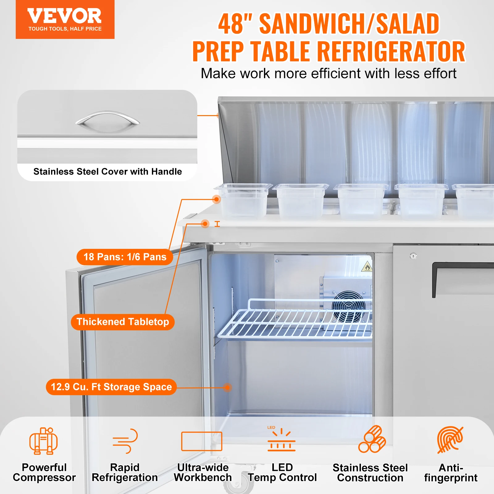 VEVOR 48" Kommerzieller Kühlschrank-Sandwich- und Salatvorbereitungstisch, 12,9 Cu. Gekühlte Lebensmittelzubereitungsstation aus Edelstahl von Ft