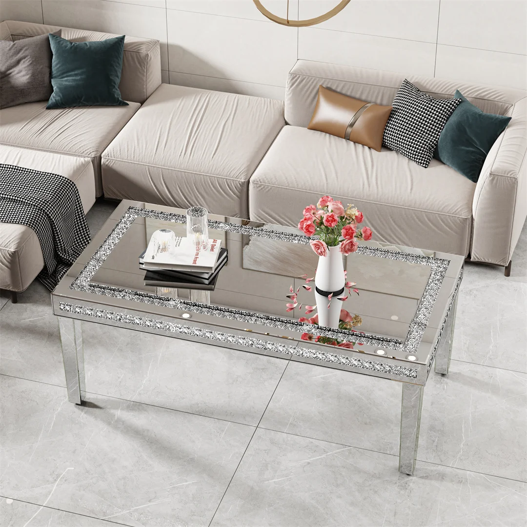 Luxury Modern Living Room Center Table Rectangle Mirrored Coffee Table with Crystal Diamonds Inlay