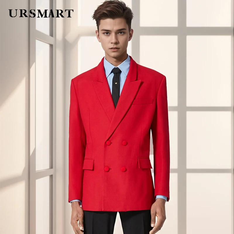 

High quality red double breasted buckle collar men's casual suit British style gentleman style elegant custom men's suit coat