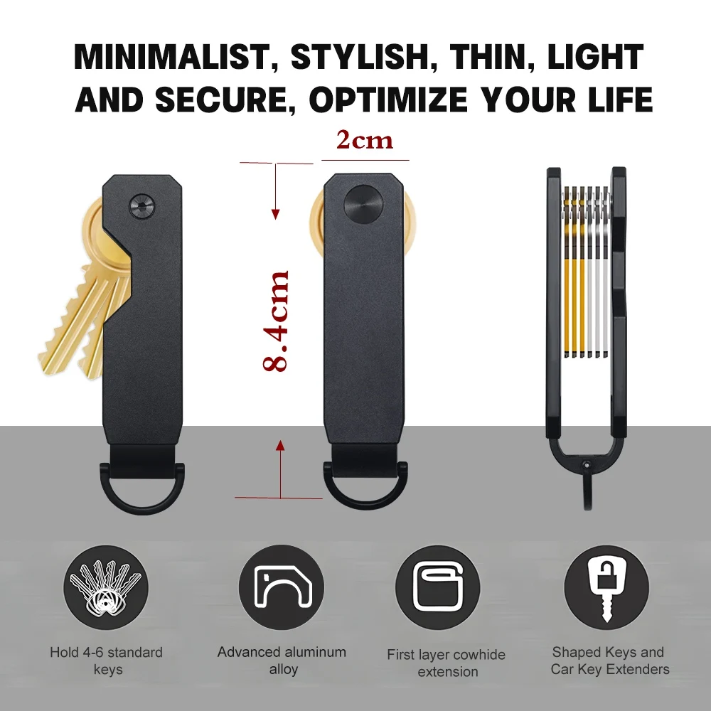 Women Mens Key Organizer - Compact Metallic Key Holder | Minimalist Innovative Keyholder | Smart Keychain Secures 2-6 Keys