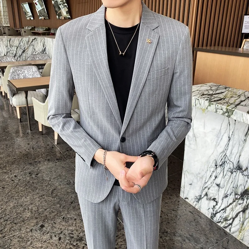 

1-A33 Thin Small Suit Men's Suit Autumn Korean Handsome Striped Slim-fit Business Dress Casual Men's Suit Jacket