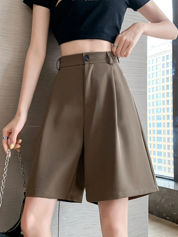 Casual High Waist Wide Leg Suits Shorts Womens Summer Office Lady Loose Shorts for Women Solid Black Knee Length Baggy Shorts