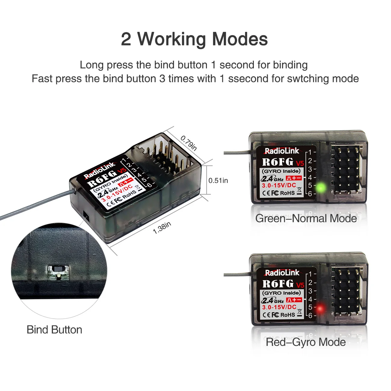 Radiolink RC Receiver R6FG 6 Channel 2.4G HV Servo RX with Gyro Long Range Control for RC Car Boat Transmitter RC4GS V2/RC6GS V2