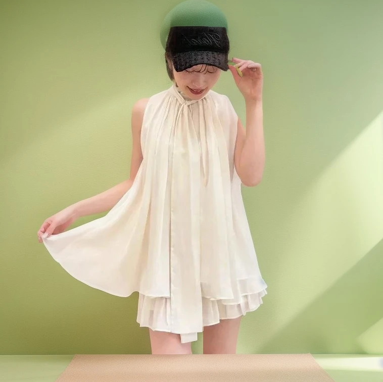 

Женские комплекты из двух предметов в японском нежном отпускном стиле, повседневная шифоновая блузка трапециевидной формы с лямкой на шее и открытыми плечами + комплект из юбки и брюк