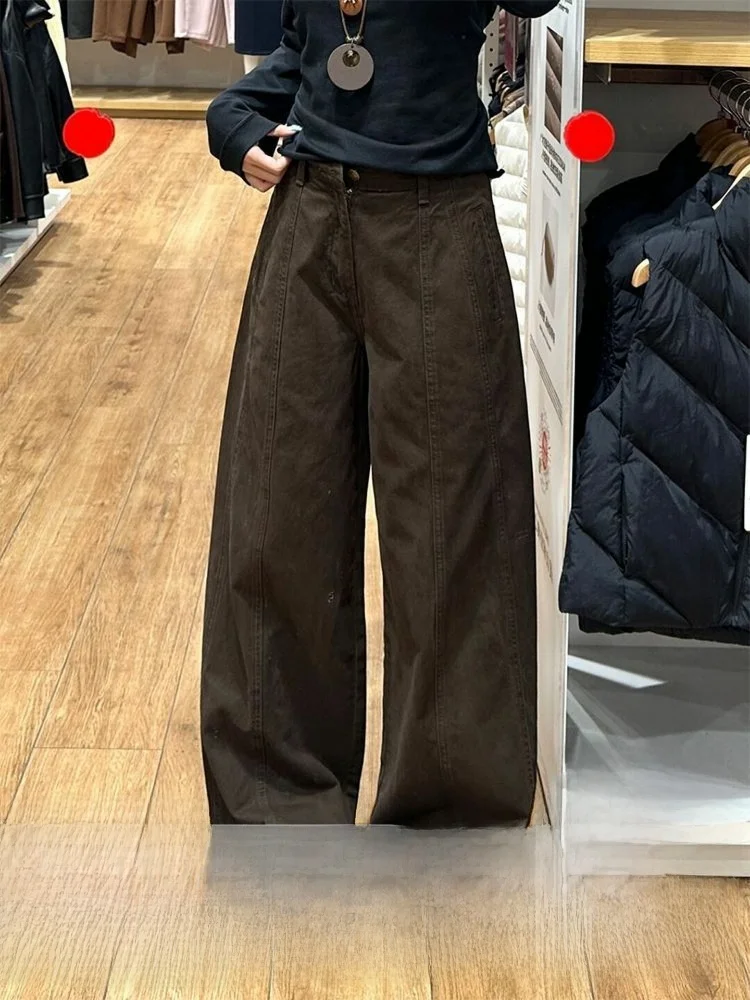 

American Style High Waist Tapered Denim Jeans Women's Coffee Color Straight Leg Wide Leg Pants Summer New plus Size Slimming