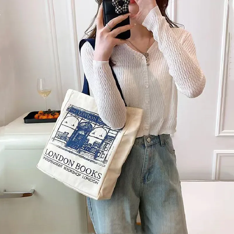 Women Canvas Handbags Shoulder Bag London Books Print Ladies Casual Tote Bag Female Handbag Shopping Bag Student School Bags view 4