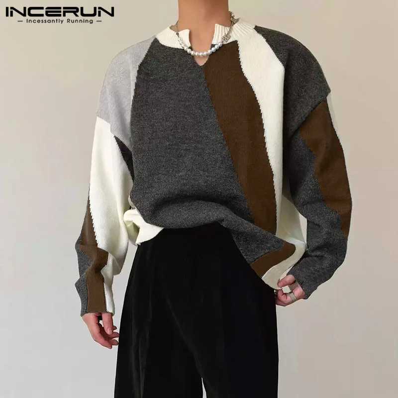 INCERUN Tops Korean Style Handsome Men Printed Color Block Pullover T-shirts Casual Streetwear Hot Selling Long Sleeved Camiseta