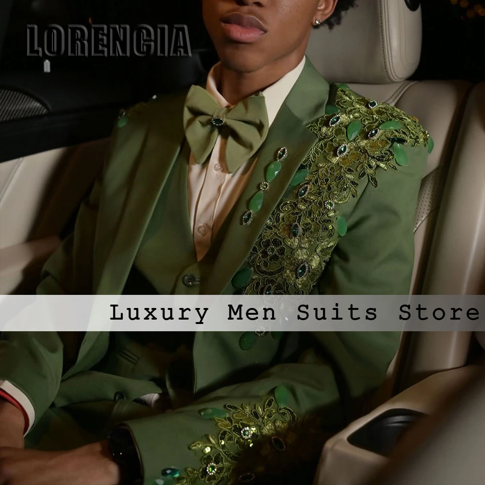 Elegant Sparkly Rhinestone Men Suits 3 Pieces Flat Collar Crystal Tuxedos Groom Wedding Customized Blazer robe mariage femme
