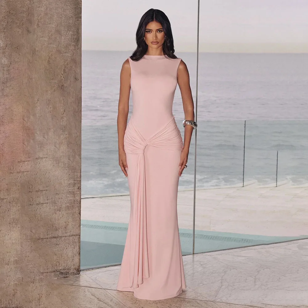 TWOTWINSTYLE Abito lungo senza schienale alla moda sexy per le donne O collo senza maniche vita pieghettata abiti da sera a coda di pesce dimagranti femminili